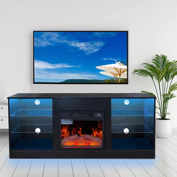 ToolCat 57.8 in. Black Freestanding Electric Fireplace TV Stand with 18 in Heater, Adjustable Glass Shelves for TVs up to 62 in