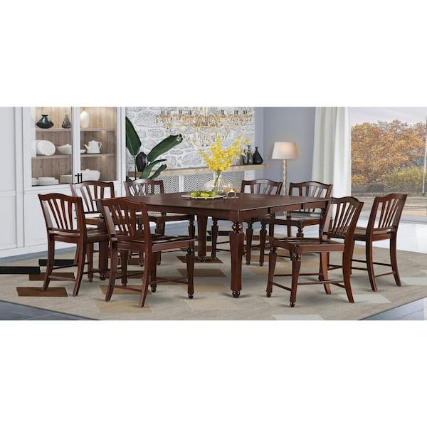 9-Piece Square Mahogany Finish Solid Wood Top Dining Table with 8-Chairs with Lattice Back