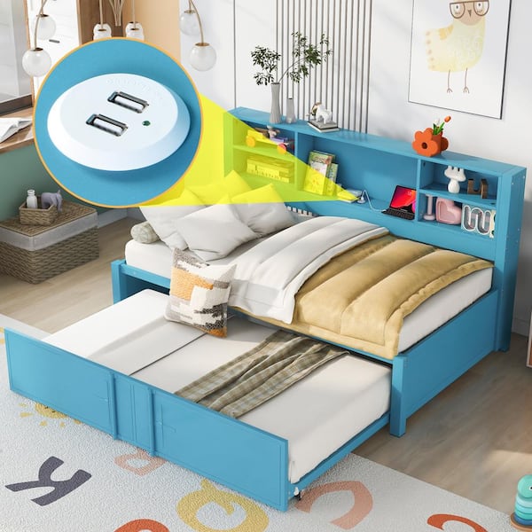 Nestfair Blue Twin Size Daybed with Trundle, Storage Shelves and USB Ports
