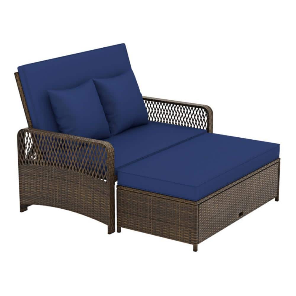 (2-Piece) Rattan Wicker Outdoor Day Bed Patio Sofa with 4-Level Backrest and Navy Soft Cushions, Multifunctional Ottoman price history on PriceWatchPro