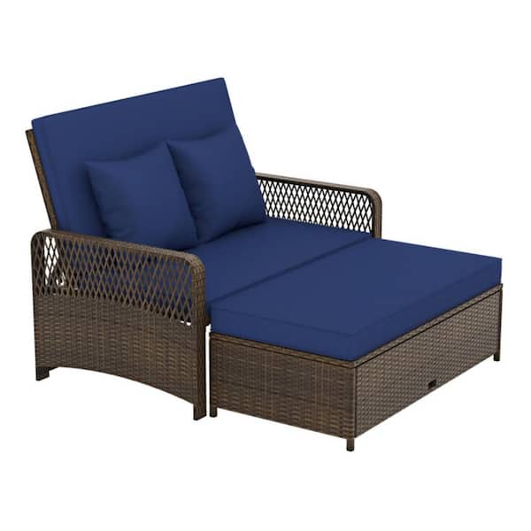 Kadehome (2-Piece) Rattan Wicker Outdoor Day Bed Patio Sofa with 4-Level Backrest and Navy Soft Cushions, Multifunctional Ottoman