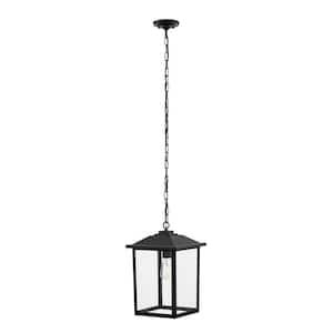 1-Light 18 in. Black Hardwired Classic Outdoor Hanging Pendant Light with Clear Glass