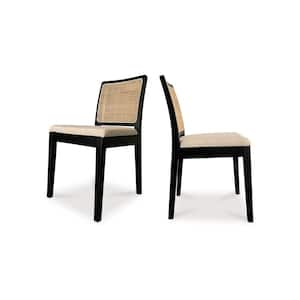 Yvette- 100% Cotton Upholstery with Solid Elm Wood and Rattan Back Dining Chair, Black- Set of Two