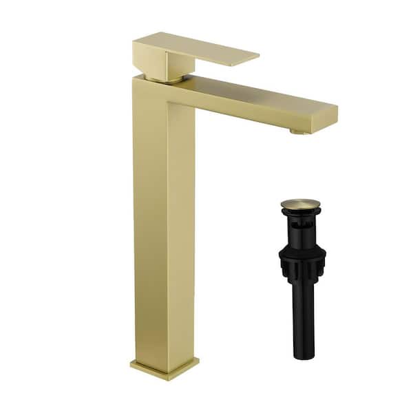 Single Handle Single Hole Bathroom Faucet Stainless Steel Vessel Kitchen Faucet with Pop Up Drain in Brushed Gold
