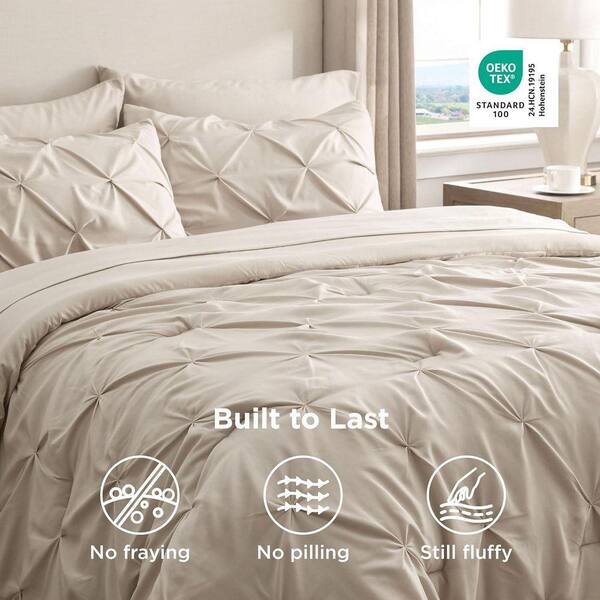 Pinch Pleat California King 7-Piece Beige Comforter Set Polyester