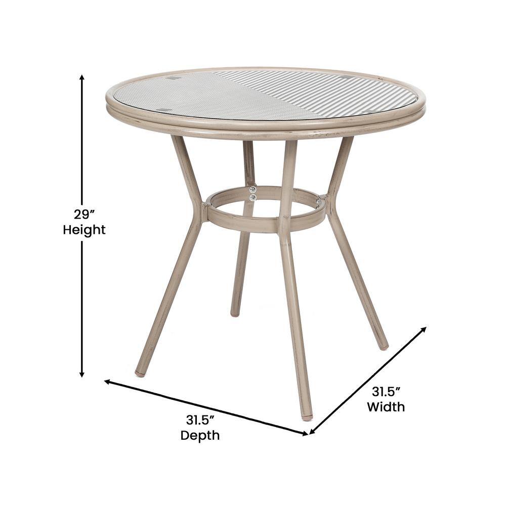 Dimension diagram of the round tan outdoor dining table.