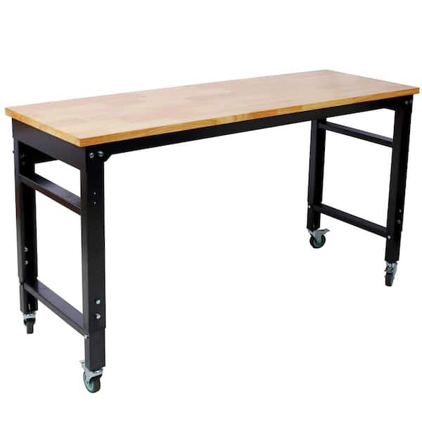Ami 60" Rolling Workbench with Metal Rubber Wood Top Black Leg