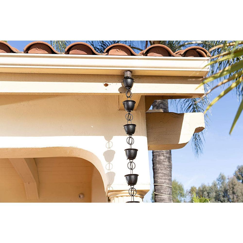 Black Hammered Aluminum Rain Chain with Large Cups, 8.5 ft
