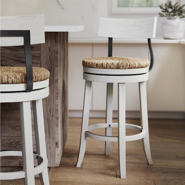 Farmhouse 31in. Wood Bar-Height Bar Stool with Natural Seagrass Seat, Reclaimed White