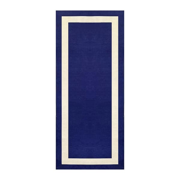 PLAYA RUG Everest Navy Creme 2 ft. 2 in. x 6 ft. Machine Washable Geometric Modern Border Polyester Non-Slip Backing Area Rug