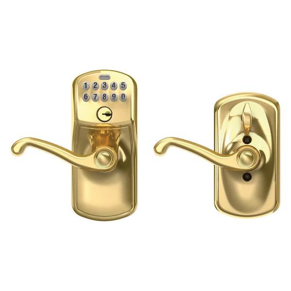 Plymouth Bright Brass Electronic Door Lock with Flair Door Lever Featuring Flex Lock