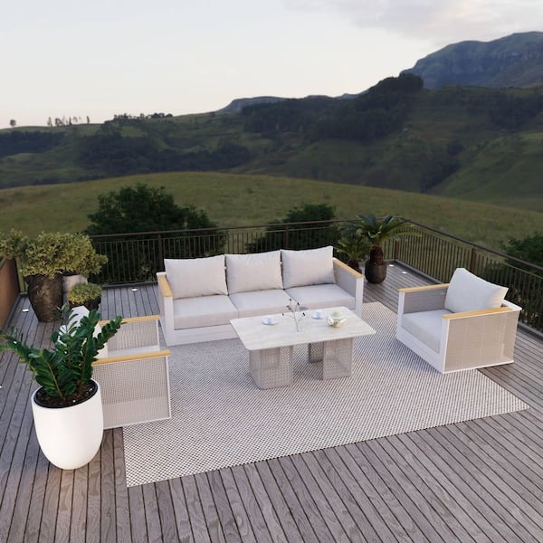 Arvin 4-Piece Outdoor Upholstered Conversation Set with Coffee Table 3 Seater Sofa and 2 Accent Chairs in Grey