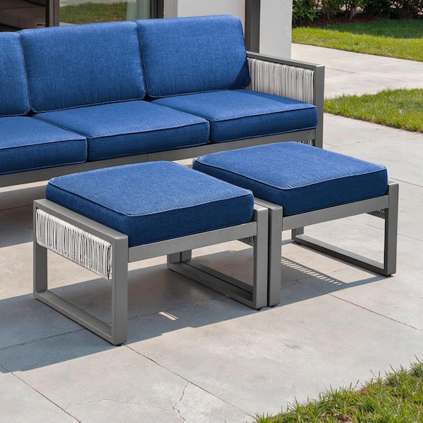 SquareChic Metal and Light Beige Wicker Outdoor Ottoman with Olefin Navy Blue Cushion (2-Pack)