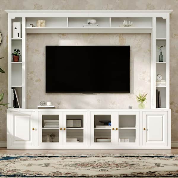White Entertainment Wall TV Stand with Bridge and Adjustable Shelves Fits TVs up to 75 in.