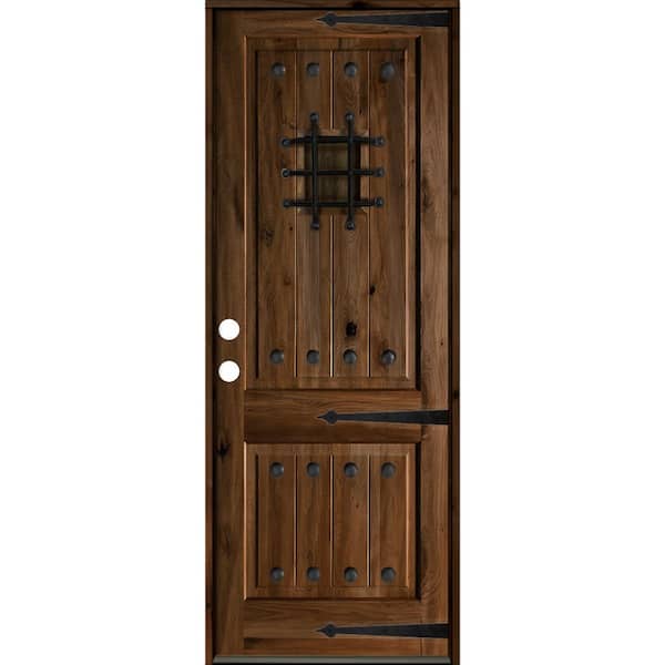 Krosswood Doors 32 in. x 96 in. Mediterranean Knotty Alder Square Top Provincial Stain Right-Hand Inswing Wood Single Prehung Front Door