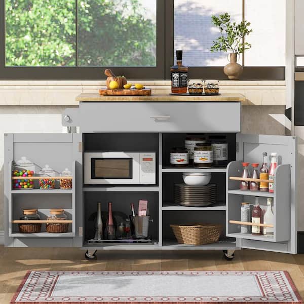 tunuo Gray Wood 39 in. Kitchen Island with Large divided Drawer, Internal Storage Rack, Adjustable Shelf Tower Rack Drop Leaf