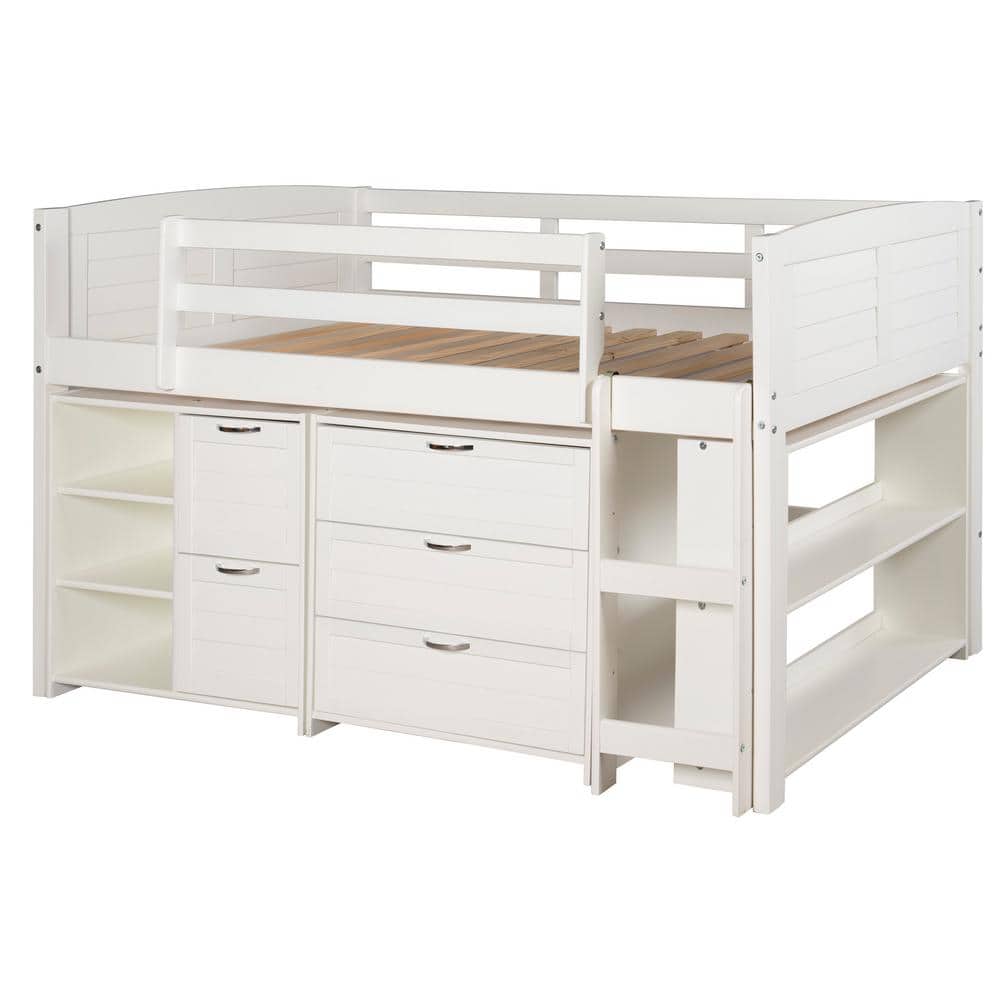 Donco Kids White Twin Louver Low Loft Bed with 3 and 2-Drawer