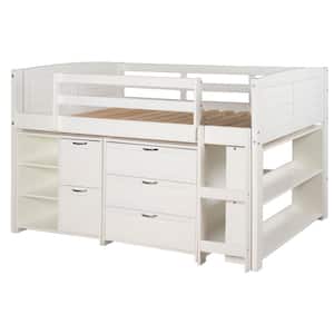 White Twin Louver Low Loft Bed with 3 and 2-Drawer Chests and Shelves