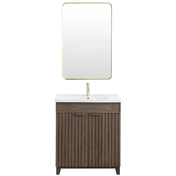 Palos 29.9 in.W x 18.1 in.D x 34.8 in.H Single Sink Bath Vanity in Antique Brown with White Ceramic Basin Top and Mirror