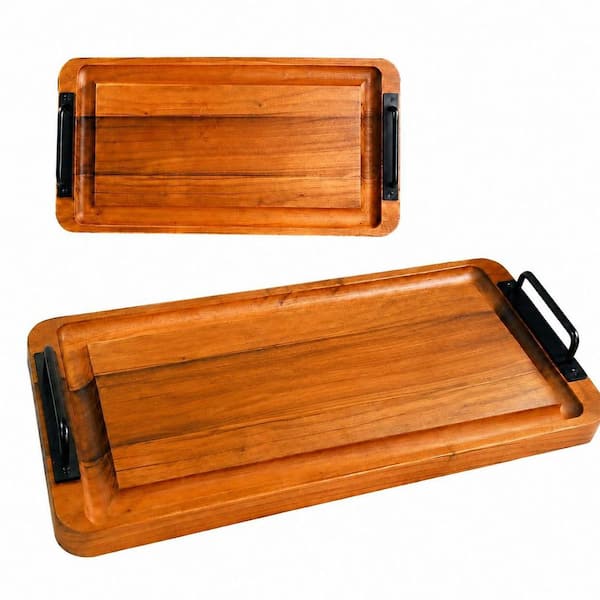 23.6 in. Rectangular Original Wood Wooden Serving Tray with Handles and Juice Grooves