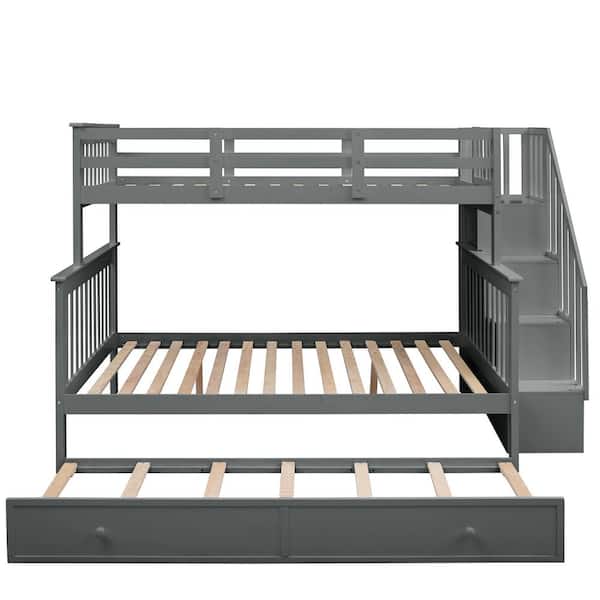 Unbranded Gray Stairway Twin Over Full Bunk Bed with Twin Size Trundle, Storage and Guard Rail for Adults