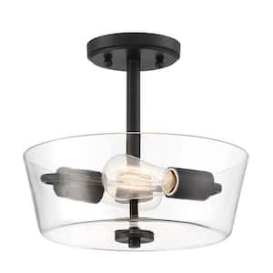 12 in. 2-Light Matte Black Round Semi-Flush Mount, Modern Ceiling Light with Clear Glass Drum Shade