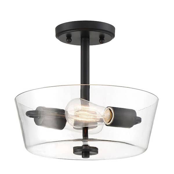 Edvivi 12 in. 2-Light Matte Black Round Semi-Flush Mount, Modern Ceiling Light with Clear Glass Drum Shade