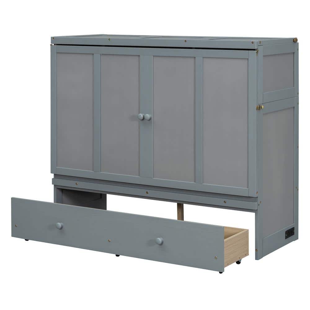 Gray Pine Full Size Murphy Bed with Large Drawer and USB Ports