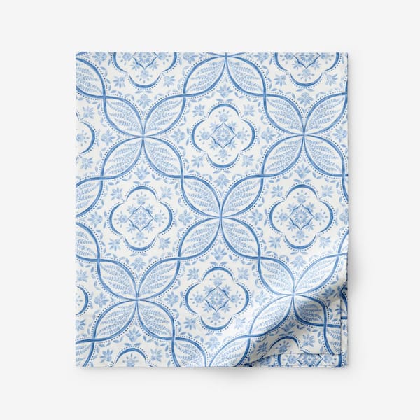 The Company Store Legends Hotel Malta Tiles Blue/White Floral Egyptian Cotton Twin/Twin XL Flat Sheet