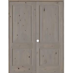 56 in. x 96 in. Rustic Knotty Alder 2-Panel Right Handed Grey Stain Wood Double Prehung Interior Door with Arch-Top