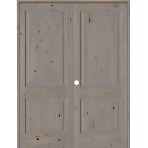 60 in. x 96 in. Rustic Knotty Alder 2-Panel Right Handed Grey Stain Wood Double Prehung Interior Door with Arch-Top