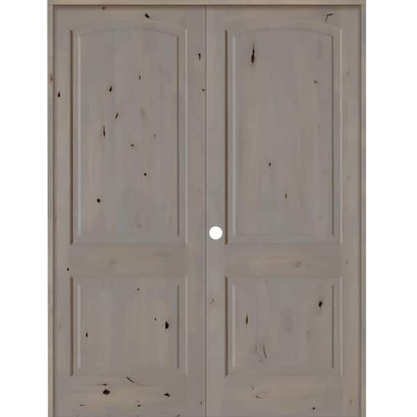 Krosswood Doors 72 in. x 96 in. Rustic Knotty Alder 2-Panel Right Handed Grey Stain Wood Double Prehung Interior Door with Arch-Top