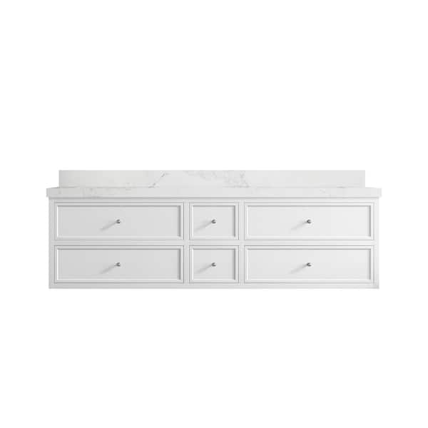 Willow Collections Roswell Floating 72 in. Double Sink Freestanding White Bath Vanity with Calacatta Nuvo Qt. Top Unassembled