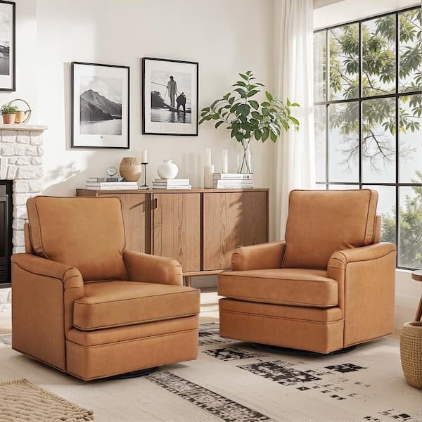 cozyman Fabry Brown Mid-Century Genuine Leather Swivel Accent Chair Modern Armchair Barrel Chair with Metal Base (Set of 2)