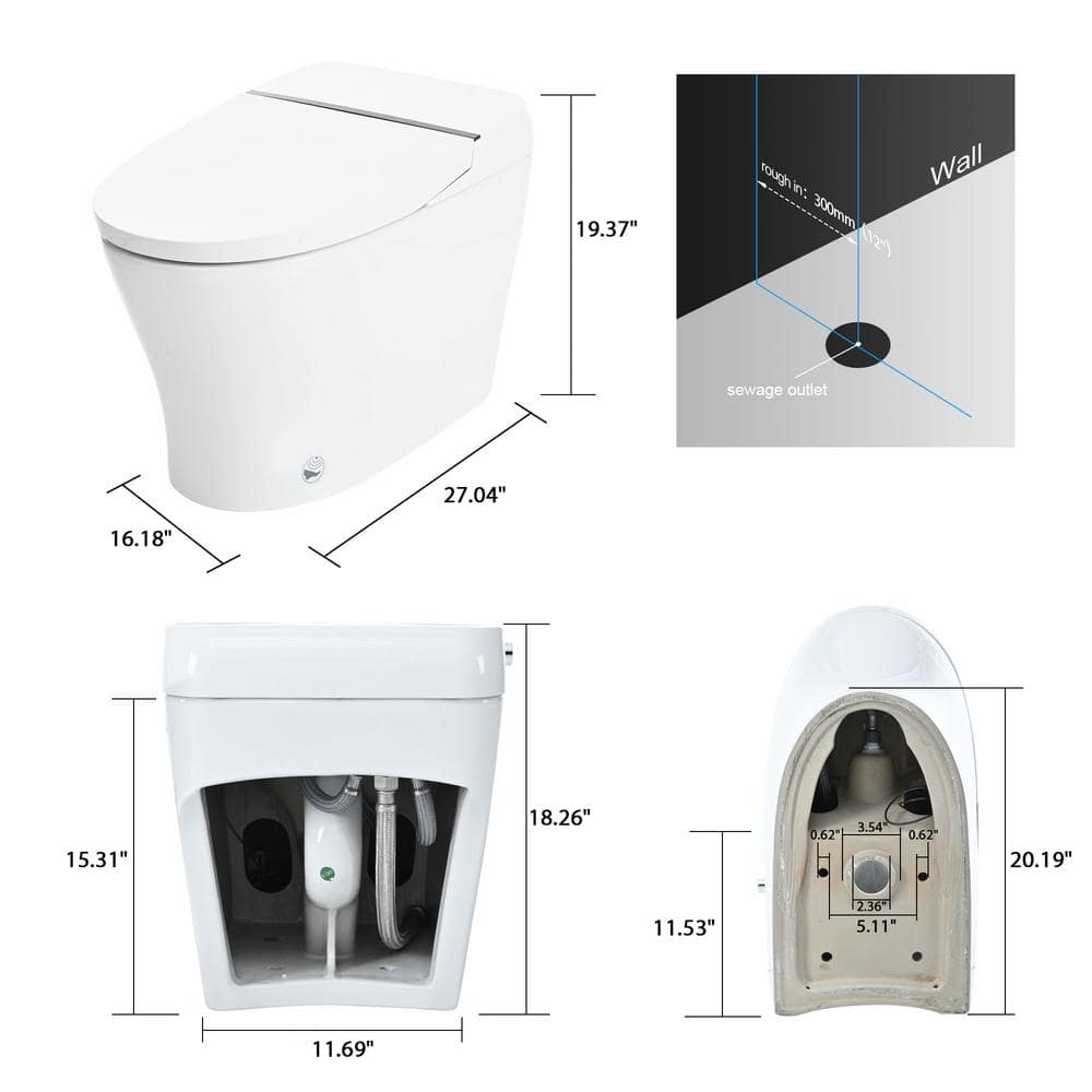 Glossy White Elongated Smart Bidet Toilet with Heated Seat