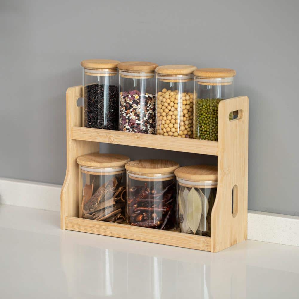 Natural Bamboo 2-Tier Spice Rack with Glass Jars