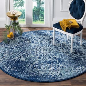 Evoke Navy/Ivory 5 ft. x 5 ft. Round Border Medallion Distressed Area Rug