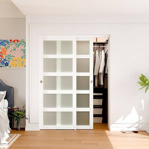 72 in. x 80 in. MDF 5-Lite Frosted Glass Sliding Door with Hardware Track Kit & Floor Guide and Handle, Need to Assemble