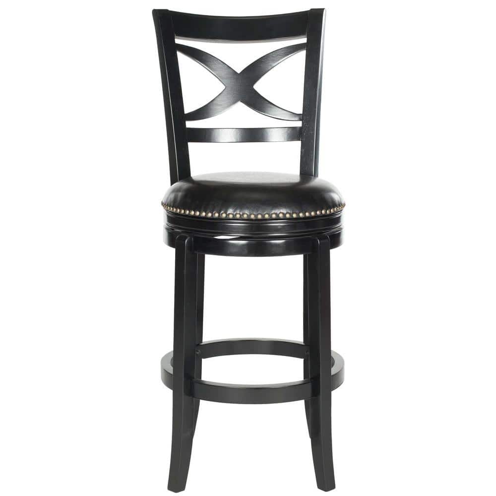 Black Leather and Wood Swivel Bar Stool with Nailhead Trim