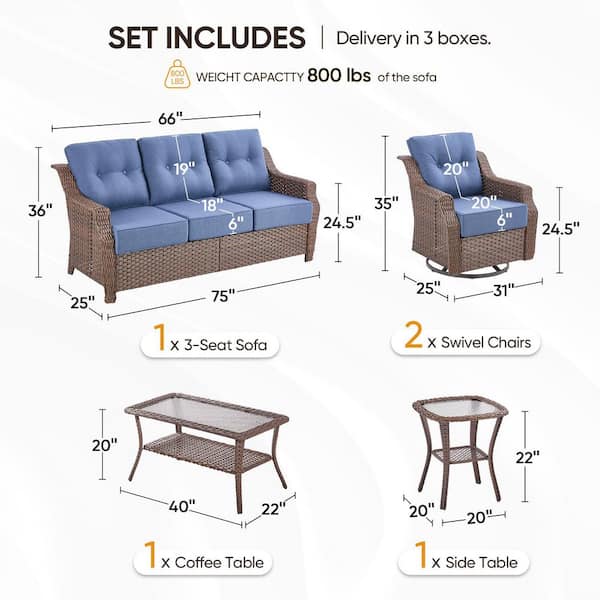 Modern Farmhouse 5-Piece Brown Wicker Patio Conversation Set with 6 In. Blue Olefin Cushions/Outdoor Swivel Chairs