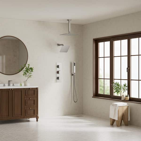 Thermostatic 5-Spray 12 in. Ceiling Mount Dual Shower Head and Handheld Shower in Brushed Nickel (Valve Included)