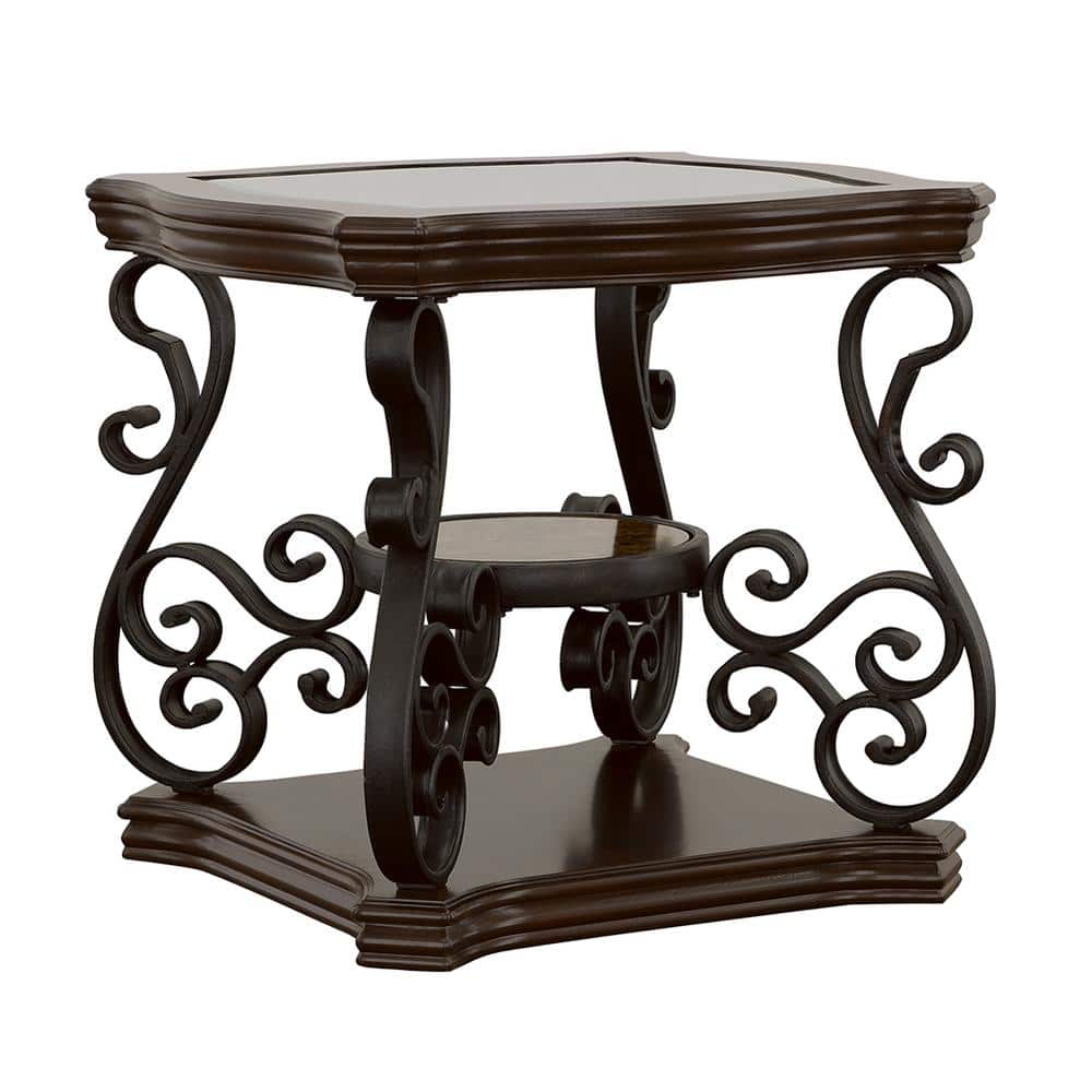 Elegance Merlot 26" Square Wood and Metal End Table with Glass Top