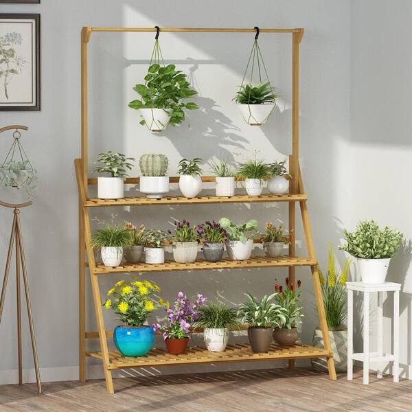 3 Tier Folding Shelf Hanging Plant Stand Bamboo Flower Pot Display Rack Bookcase 