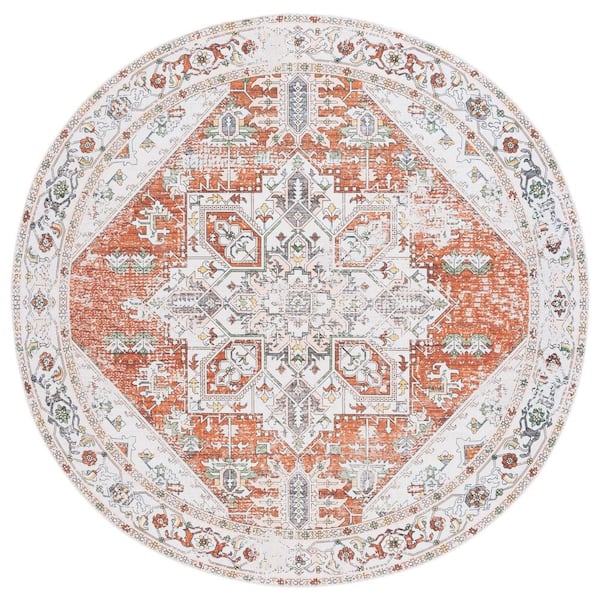 SAFAVIEH Arizona Ivory/Rust 6 ft. x 6 ft. Machine Washable Geometric Medallion Round Area Rug