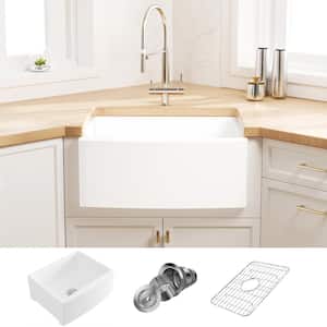 Gibbous Crisp White Ceramic 24 in. Single Bowl Farmhouse Apron Kitchen Sink with Bottom Grid