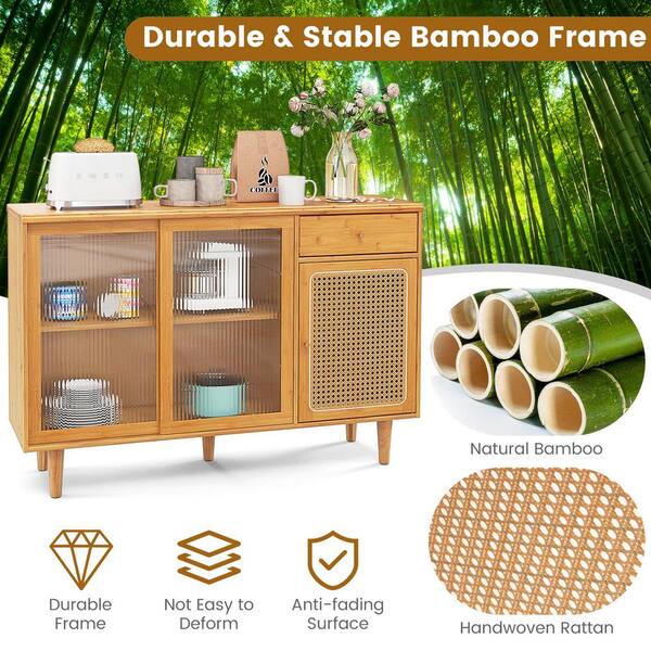 Costway Natural Bamboo 47 in. Width Buffet Sideboard Rattan