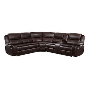 Austin 118 in. Straight Arm 3-piece Faux Leather Reclining Sectional Sofa in Brown with Right Console