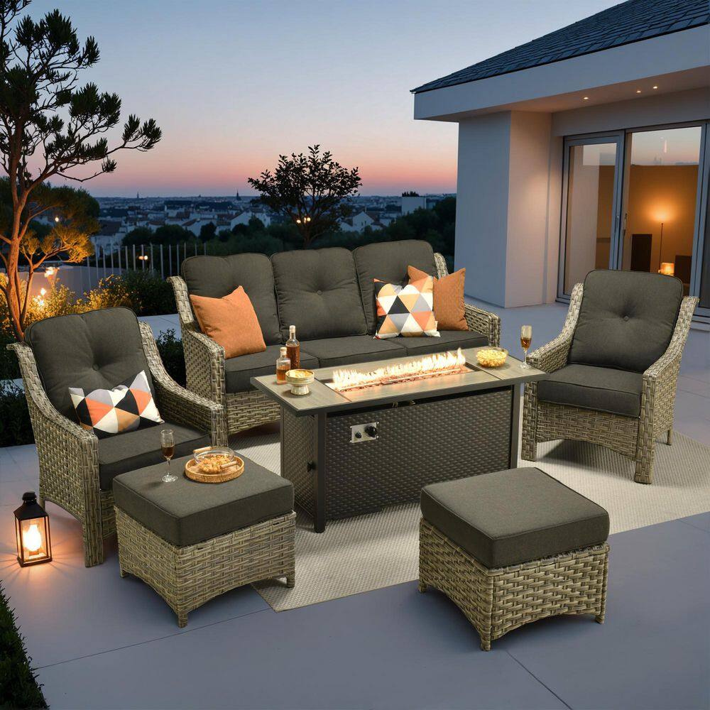 Eureka 6-Piece Wicker Outdoor Fire Pit Patio Conversation Sofa Seating Set with Black Cushions price history on PriceWatchPro