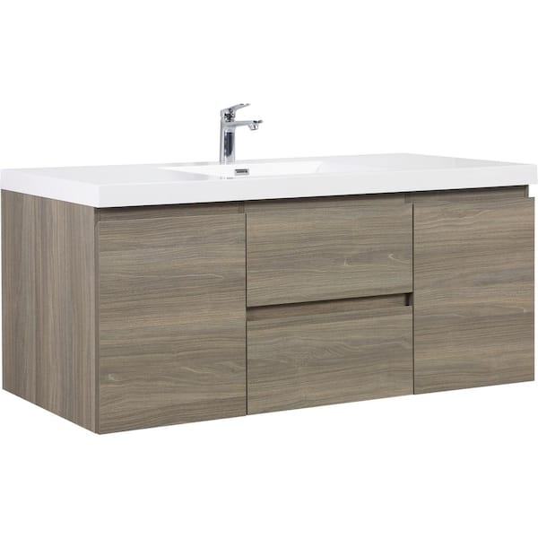 Aoibox 60 in. W Single Sink Floating Bath Vanity in Ash Grey with White Resin Top and Soft Close Drawers