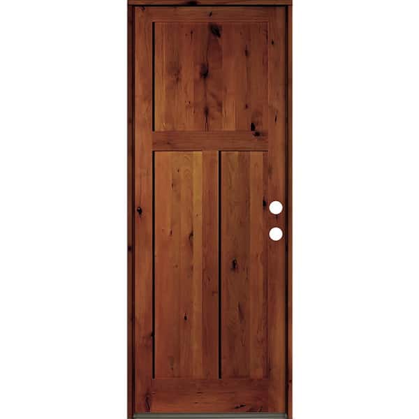 Krosswood Doors 32 in. x 96 in. Rustic Knotty Alder 3 Panel Left-Hand/Inswing Red Chestnut Wood Prehung Front Door